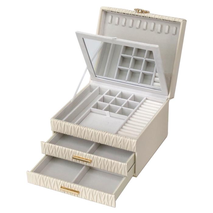 Jewellery Box PVC Champagne Leather Wrinkled with Lift Out Tray & 2 Drawers