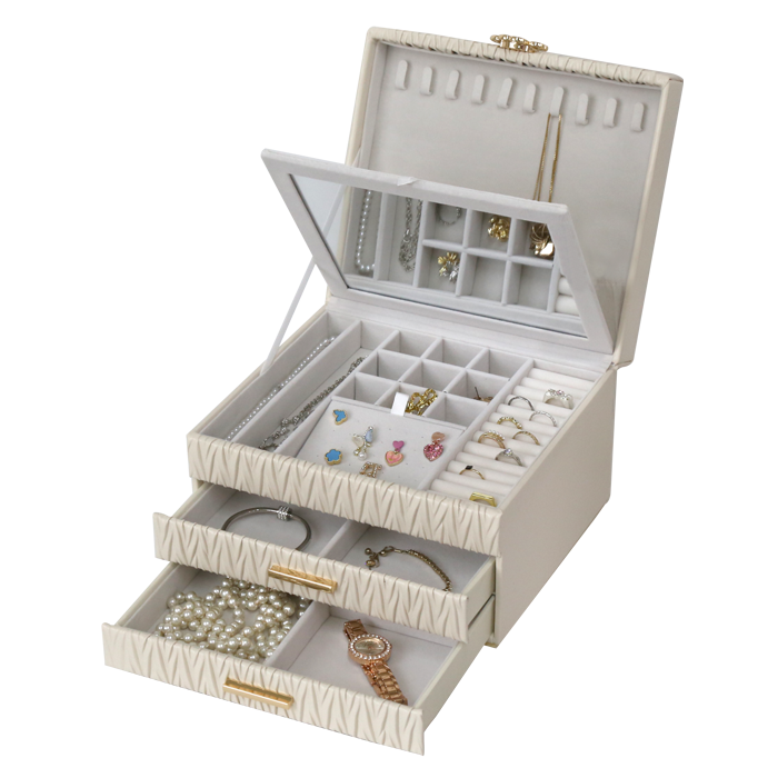 Jewellery Box PVC Champagne Leather Wrinkled with Lift Out Tray & 2 Drawers