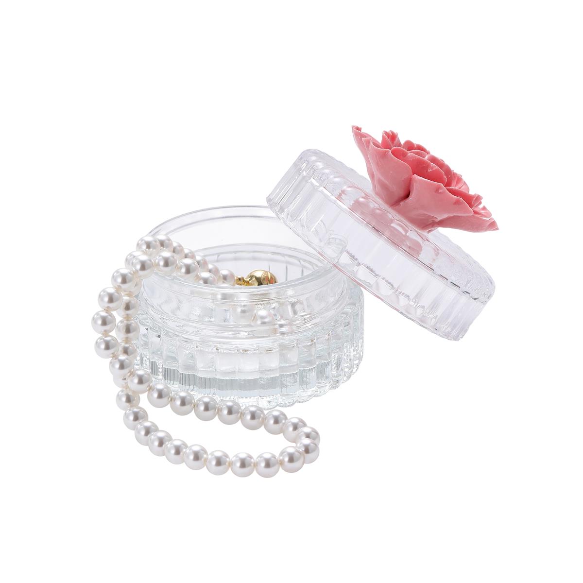 Trinket Box Glass Round with Pink Flower 8 x 7.8cm - Oct 26