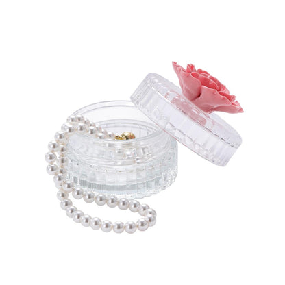 Trinket Box Glass Round with Pink Flower 8 x 7.8cm - Oct 26