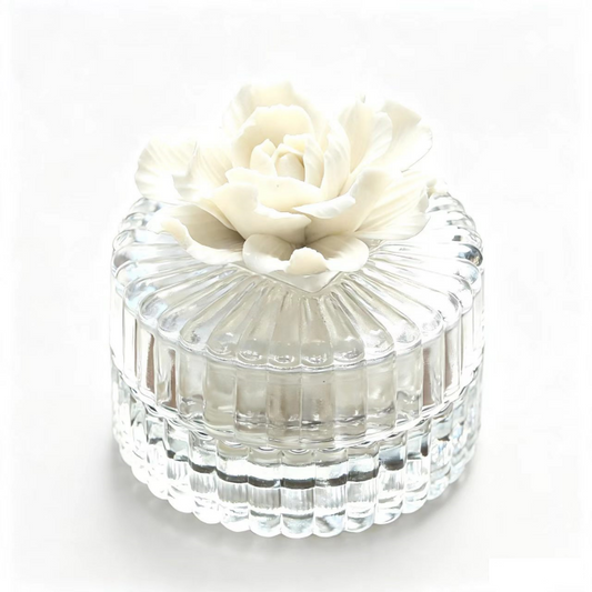 Trinket Box Glass Round with a White Flower 8 x 7.8cm - Oct 26