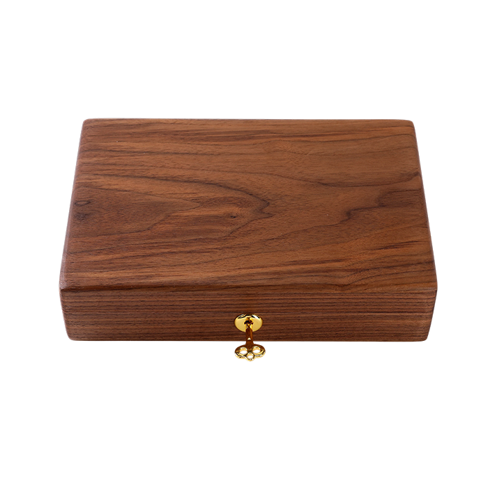 Wooden box with a gold clasp on a white background