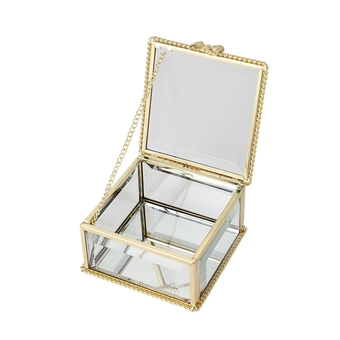 Glass Jewellery box Gold with Clear Glass (5.5 x 8.5 x 8.5 cm)