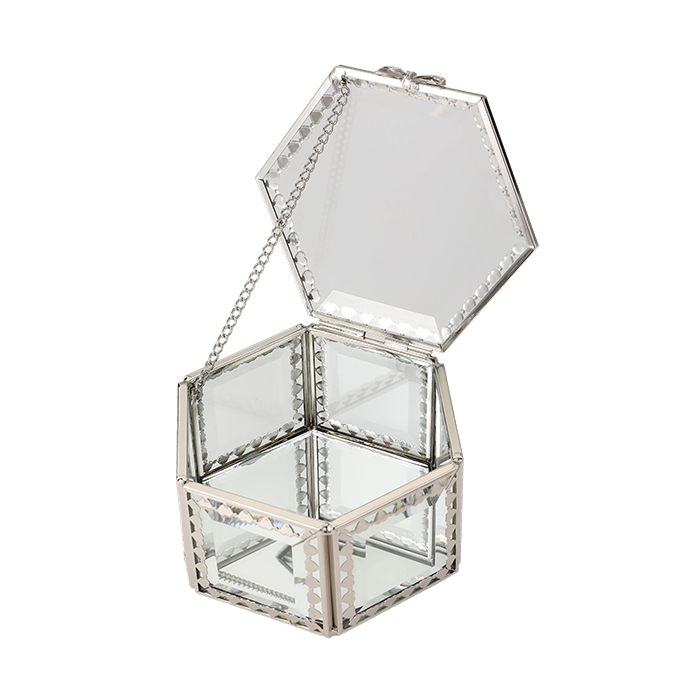 Glass Jewellery box Silver Hex with Clear Glass (7 x 12 x 10.5cm)