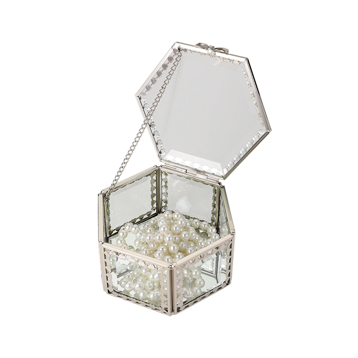 Glass Jewellery box Silver Hex with Clear Glass (7 x 12 x 10.5cm)