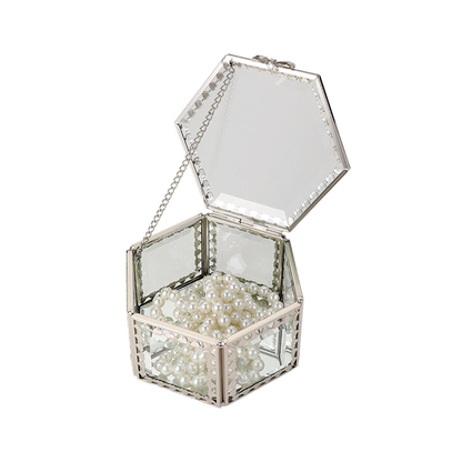 Glass Jewellery box Silver Hex with Clear Glass (7 x 12 x 10.5cm)