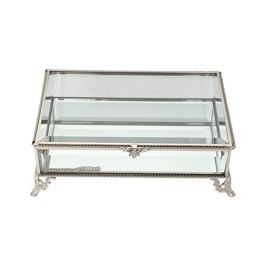 Decorative glass box with silver metal frame on a white background