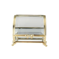 Glass display case with gold accents on a white background