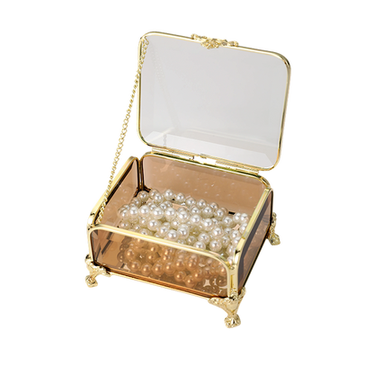 Glass Jewellery box Gold with Amber Glass (6.5 x 10 x 8cm)