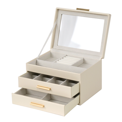 Jewellery Box PVC Champagne Leather 2 Draw