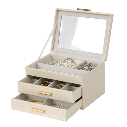Jewellery Box PVC Champagne Leather 2 Draw