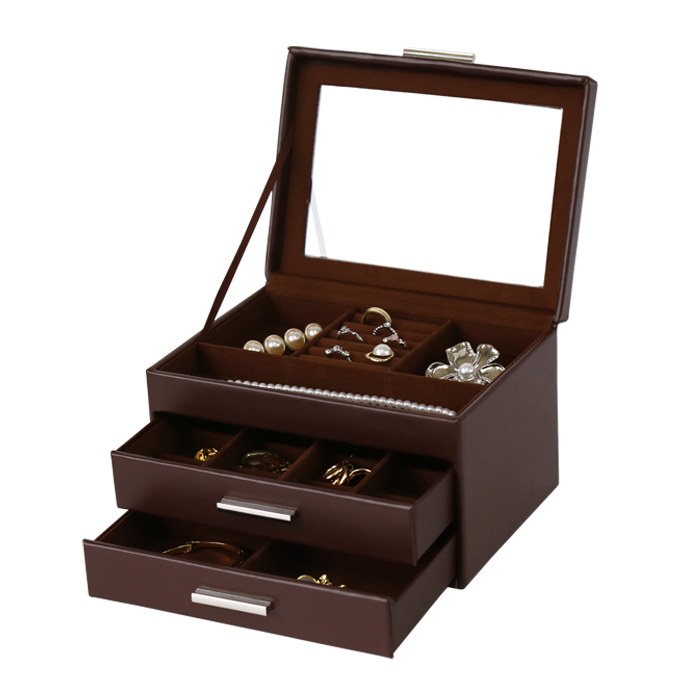 Jewellery Box PVC Brown Leather with 2 Draws