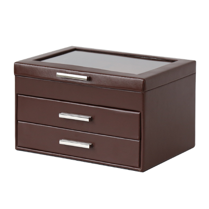 Brown jewelry box with glass top and three drawers on a white background
