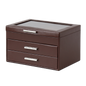 Brown jewelry box with glass top and three drawers on a white background