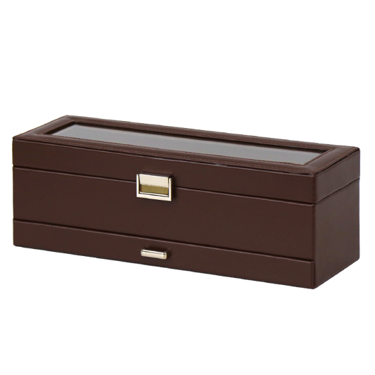 Brown jewelry box with glass top on a white background