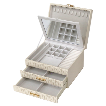 Jewellery Box PVC Champagne Leather Wrinkled with Lift Out Tray & 2 Drawers