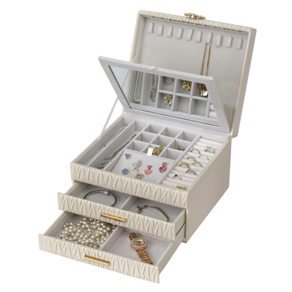 Jewellery Box PVC Champagne Leather Wrinkled with Lift Out Tray & 2 Drawers