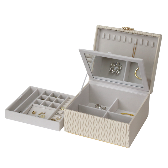 Jewellery Box PVC Champagne Leather Wrinkled with Lift Out Tray