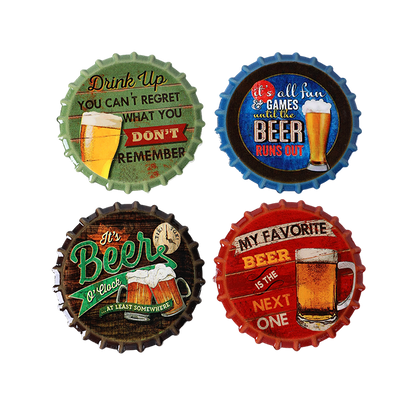 Four decorative bottle caps with beer-themed sayings on a white background