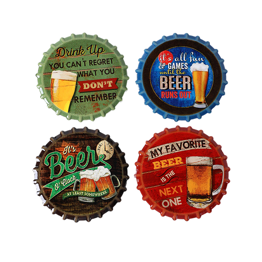 Four decorative bottle caps with beer-themed sayings on a white background