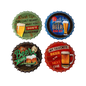 Four decorative bottle caps with beer-themed sayings on a white background