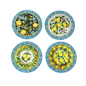 Set of four ceramic plates with lemon and floral designs on a white background