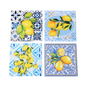Set of four decorative tiles with lemon designs on a white background