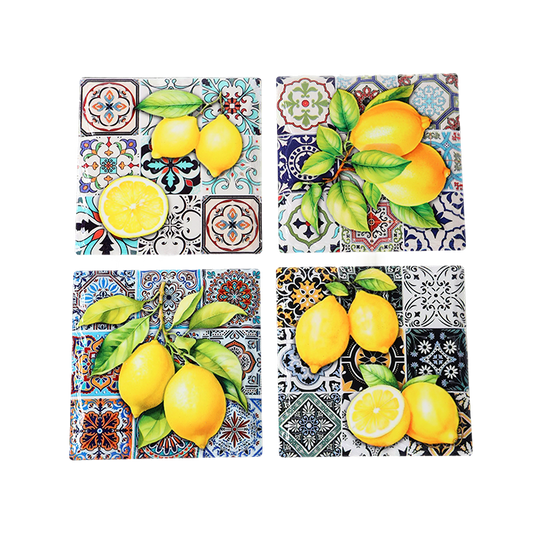 Four decorative tiles with lemon designs on a patterned background
