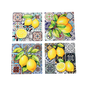 Four decorative tiles with lemon designs on a patterned background