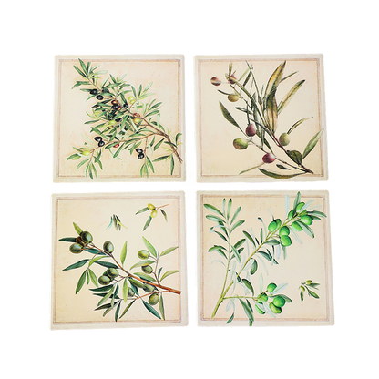 Four botanical prints of olive branches on a beige background