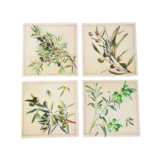 Four botanical prints of olive branches on a beige background