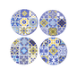 Set of four round ceramic plates with blue and yellow geometric patterns on a white background