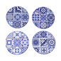 Four blue and white patterned coasters on a white background