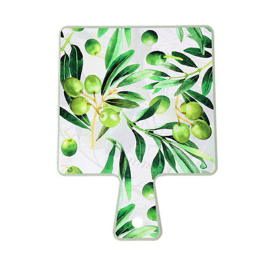 Rectangular mat with green leaf and olive design on a white background