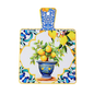 Decorative cutting board with floral and fruit design on a white background