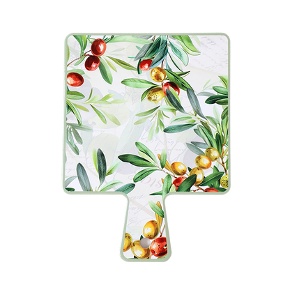 Transparent square sheet with olive branch and fruit pattern on a white background