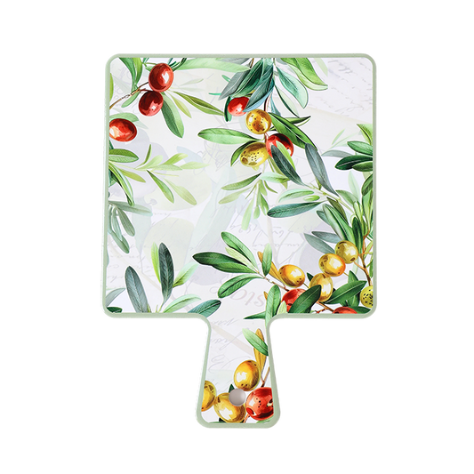 Transparent square sheet with olive branch and fruit pattern on a white background