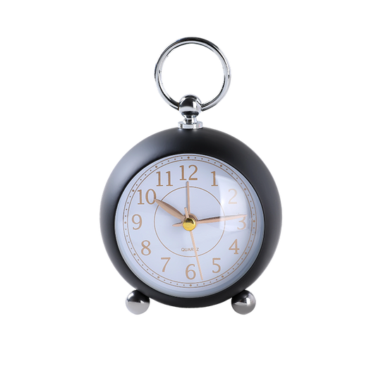 Black pocket watch with a white face and gold hands on a white background