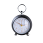 Black pocket watch with a white face and gold hands on a white background