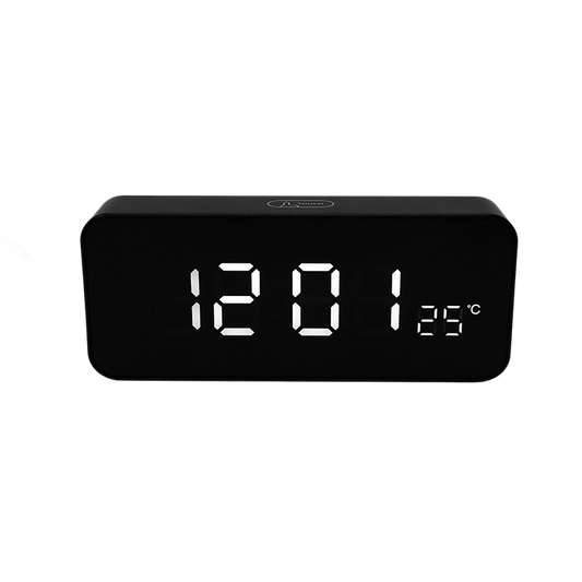 Digital clock with LED display on a white background