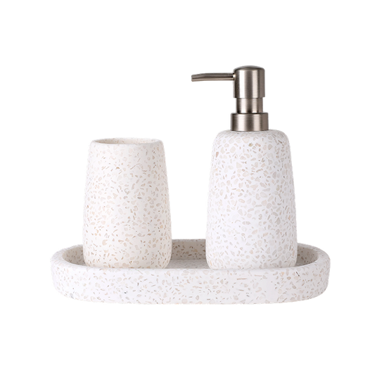 Bathroom set with speckled ceramic container, soap dispenser, and tray on a white background