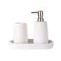 Bathroom set with speckled ceramic container, soap dispenser, and tray on a white background