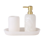 White marble soap dispenser with gold pump and matching tray on a white background