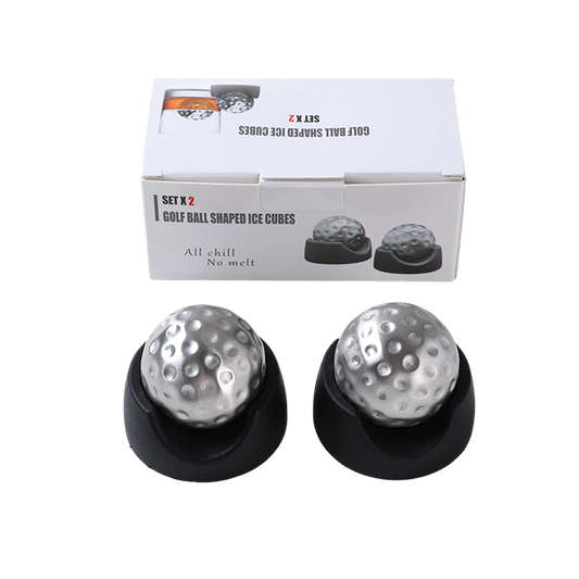 Golf ball-shaped ice cubes with packaging on a white background