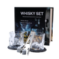 Whisky set with glasses, cooling stones, coasters, and a tong in front of a branded box.