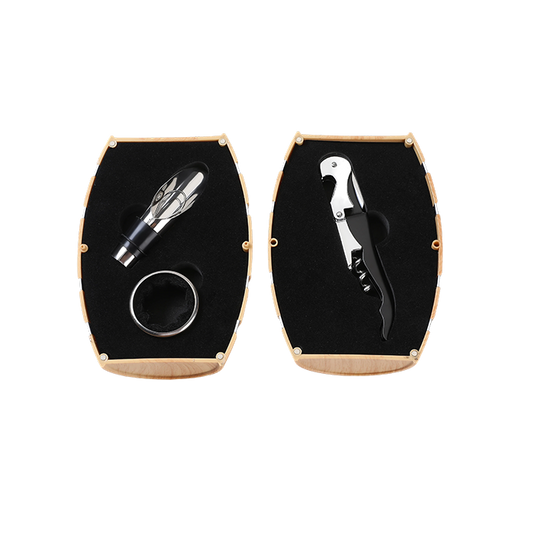 Set of wine tools including a bottle opener and corkscrew in a black and gold case on a white background.