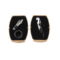 Set of wine tools including a bottle opener and corkscrew in a black and gold case on a white background.