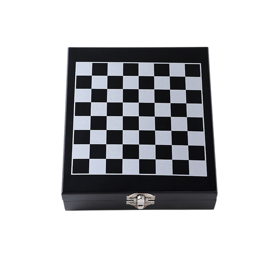 Checkered black and white board inside a wooden box on a white background