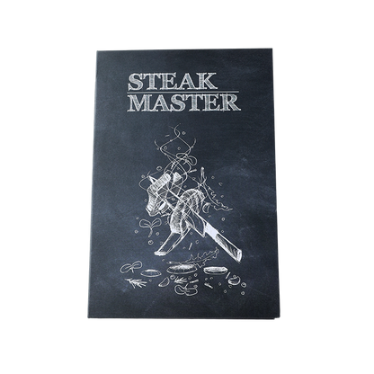 Set of four steak knives with wooden handles in a cardboard box, accompanied by a recipe card on a white background.