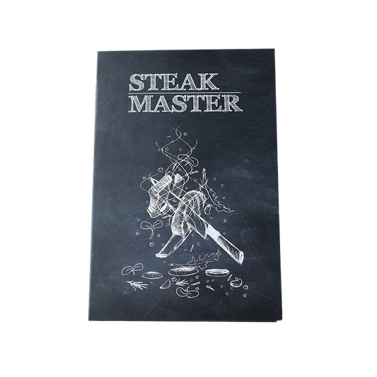 Set of four steak knives with wooden handles in a cardboard box, accompanied by a recipe card on a white background.